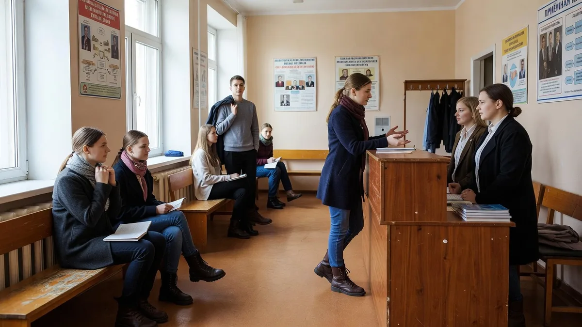 Учитель ведёт урок у доски перед классом школьников