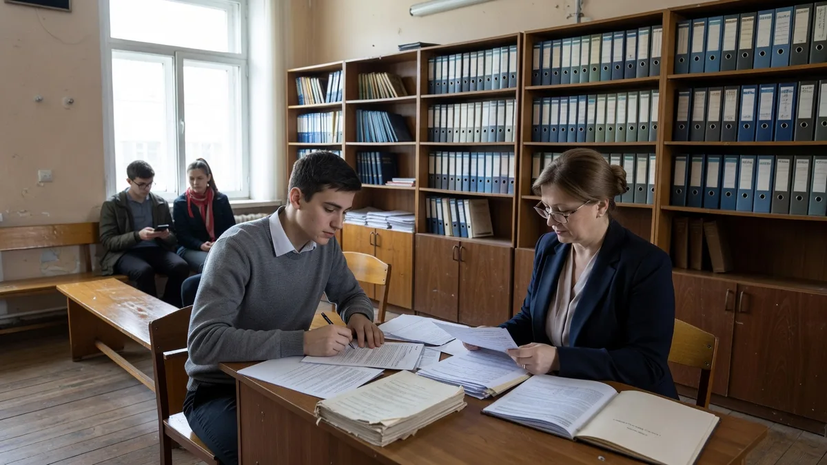 Абитуриент передаёт документы в приёмную комиссию колледжа для оформления отсрочки от армии