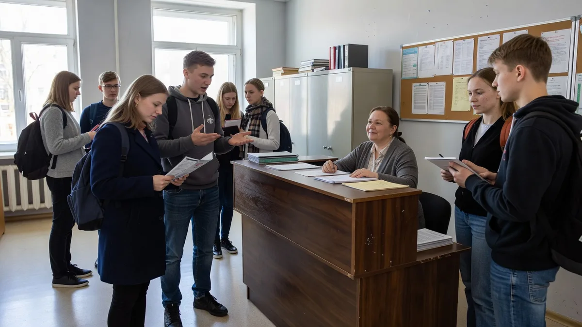 Абитуриентка оформляет документы для поступления на заочное отделение педагогического колледжа за ноутбуком