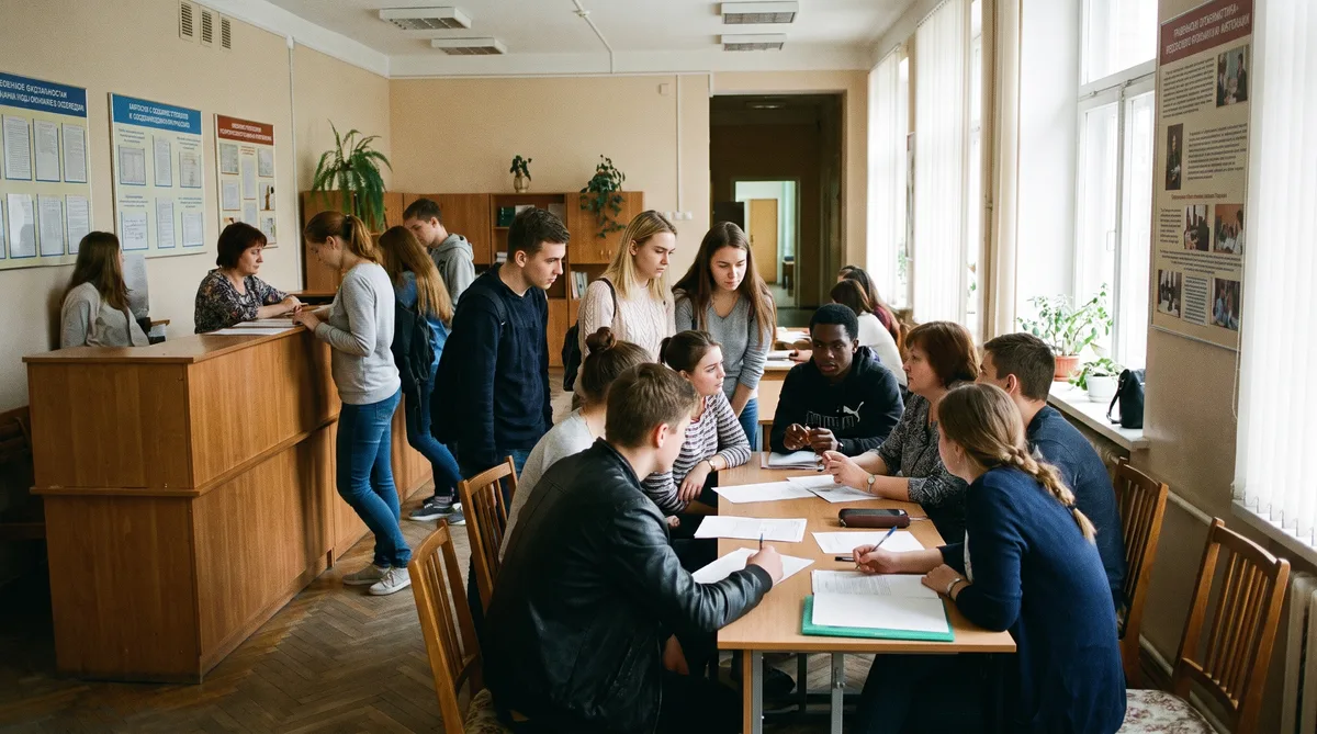 Педагог объясняет задание студентам, которые вовлечённо работают над проектом